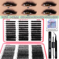GROINNEYA DIY Lash Clusters Kit Mixed Tray Eyelash Extension Full Set Individual Lashes with Lash Bond&Seal and Tweezers Tool