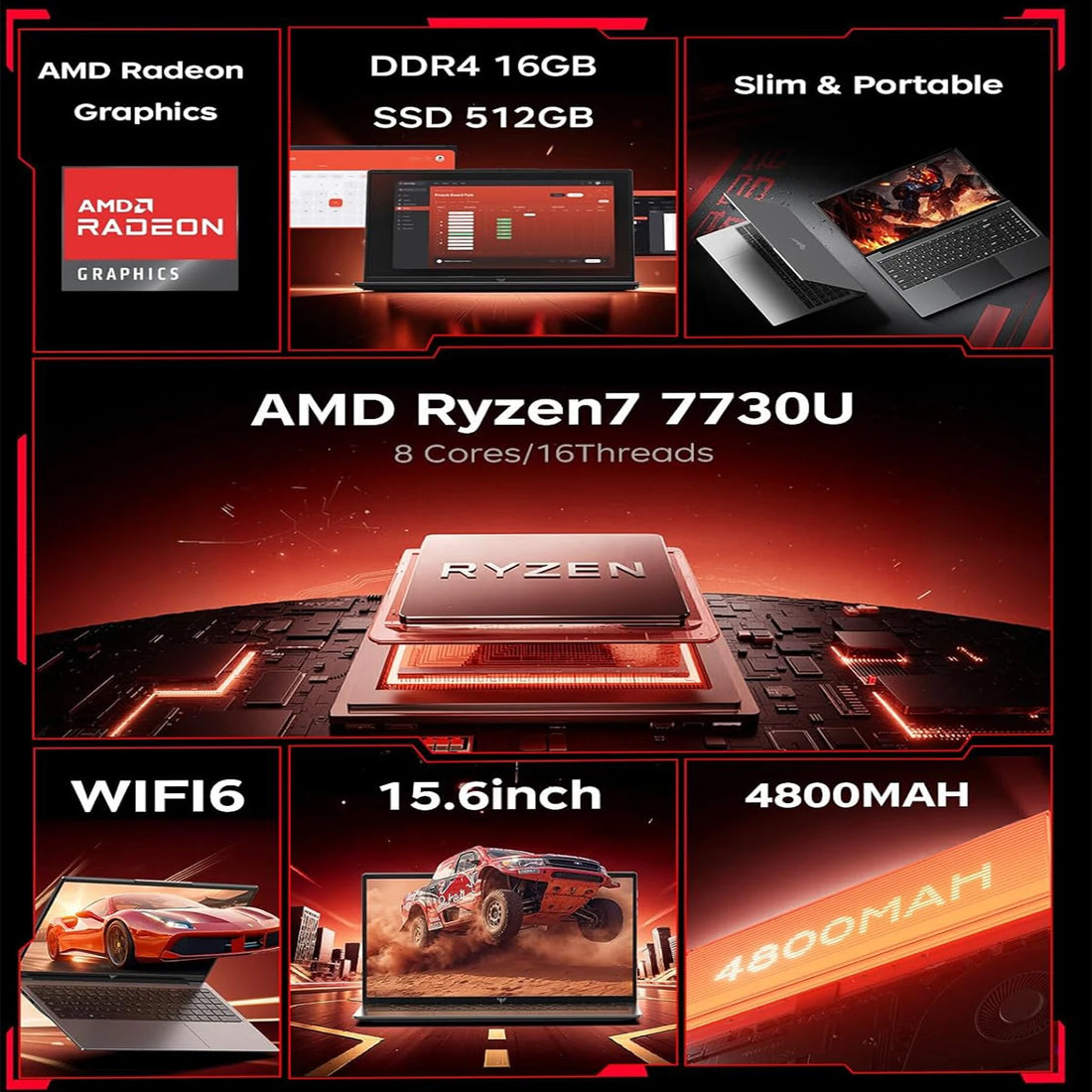 KAMRUI Gaming Laptop 15.6inch Laptop with AMD Ryzen 7 7730U 16GB 512GB Windows 11 High Performance Laptop ComputerRadeon WiFi 6