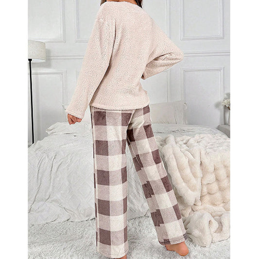 Thermal Flannel Home Wear Loose Plaid Trousers Two-piece Suit null