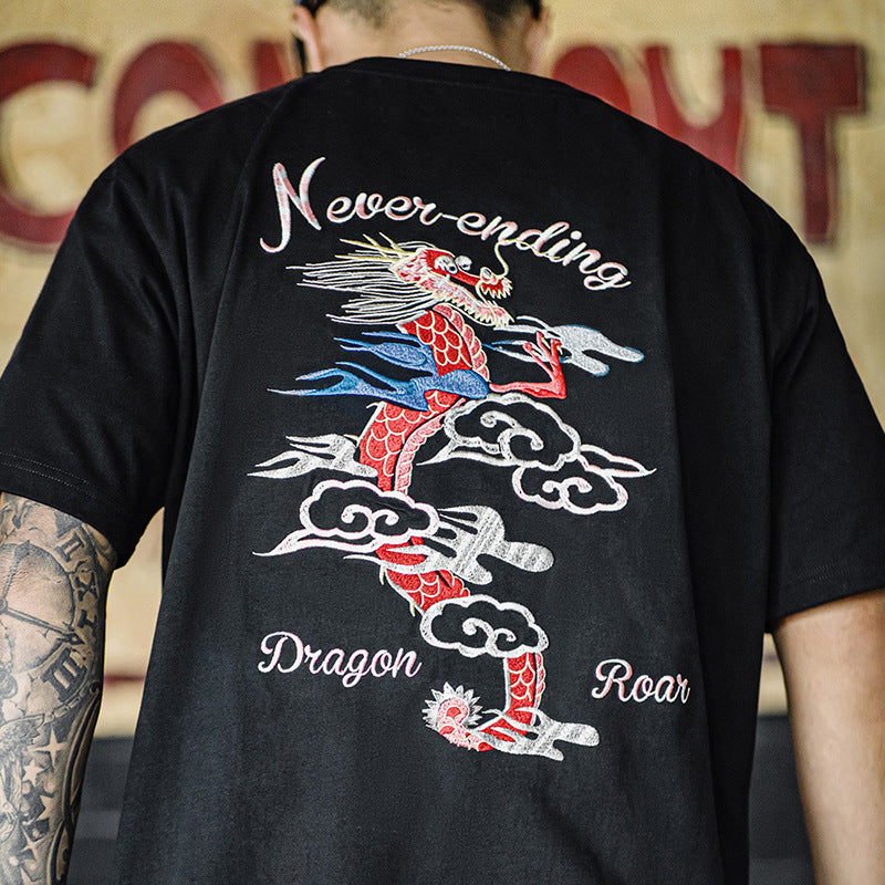 American Retro Dragon Ziling Machine Embroidery T-shirt