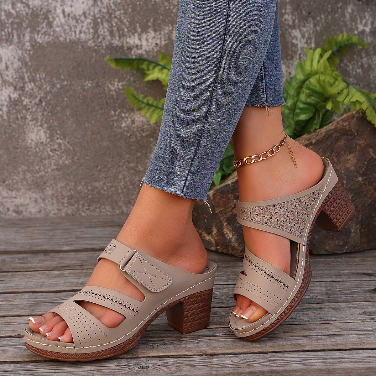 Square-heeled Peep-toe Slides Shoes Summer Casual Chunky Heel Sandals Solid Color Slippers null