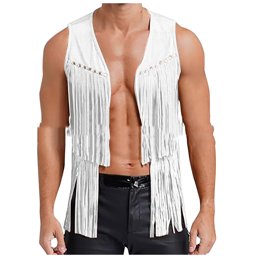 Men's Suede Sleeveless V-neck Rivet Detail Tassel