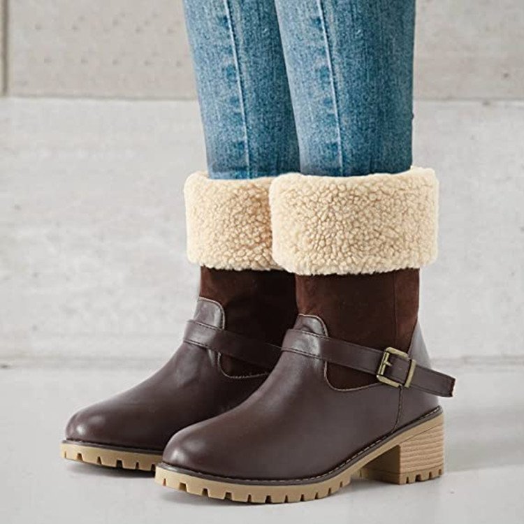 Fashion Boots With Buckle Chunky Heel Shoes Warm Winter Round Toe Western Boots For Women null