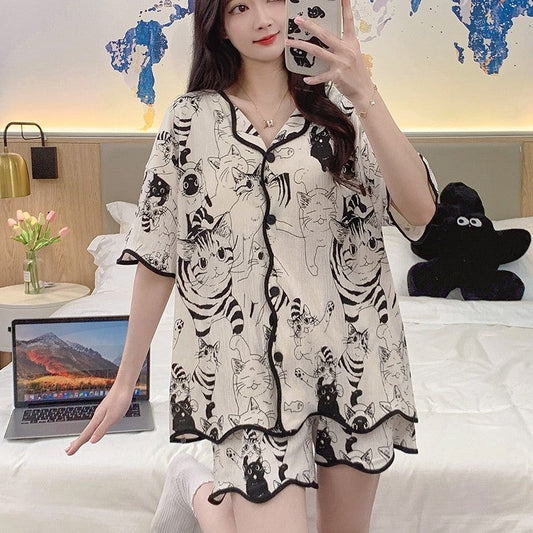 Summer Women's Cardigan Padded Pajamas Short Sleeve Shorts null