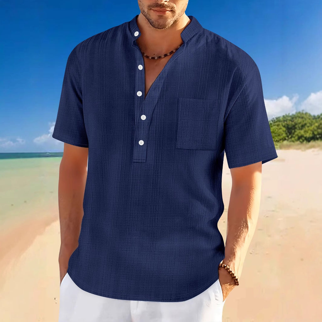 Stand Collar Short Sleeve Loose Leisure Vacation Henley Shirt