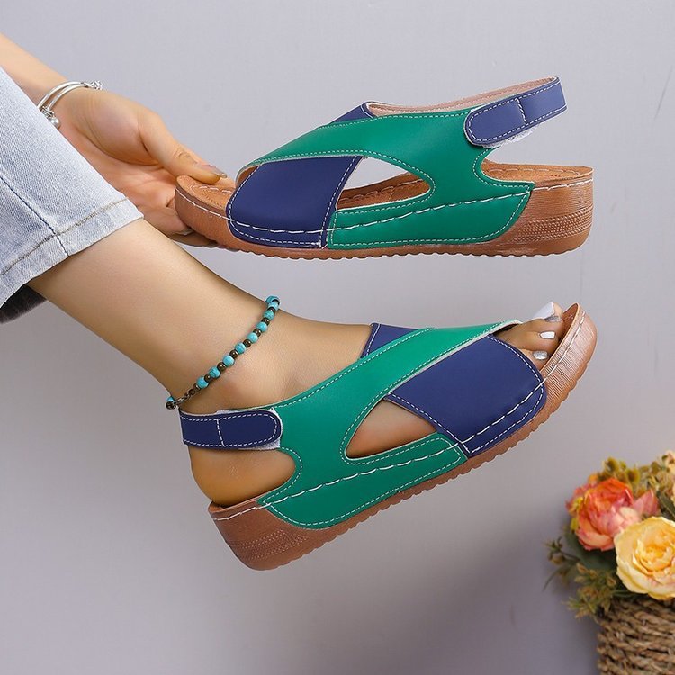 Summer Wedges Sandals With Colorblock Cross-strap Design Casual Thick-soled Roman Shoes For Women null