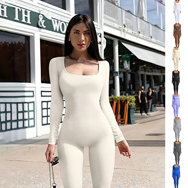 Women's Yoga Sports Fitness Jumpsuit Workout Long Sleeve Square Collar Clothing null