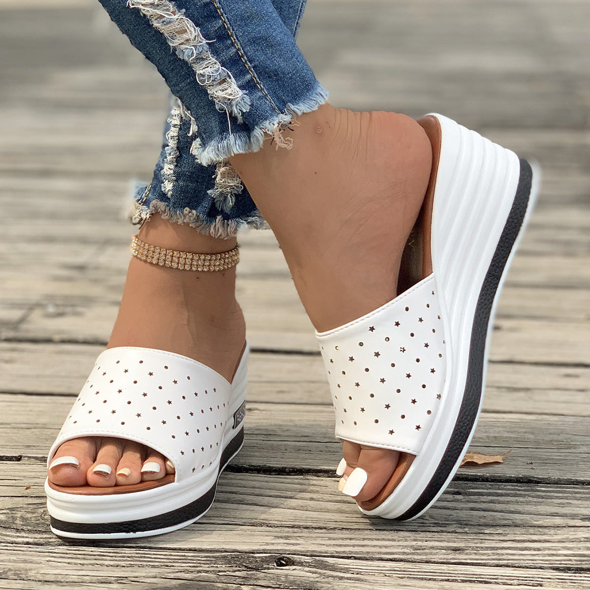 Fish Mouth Wedges Sandals Summer Fashion Hollow Design High Heels Slides Slippers Casual Beach Shoes For Women null