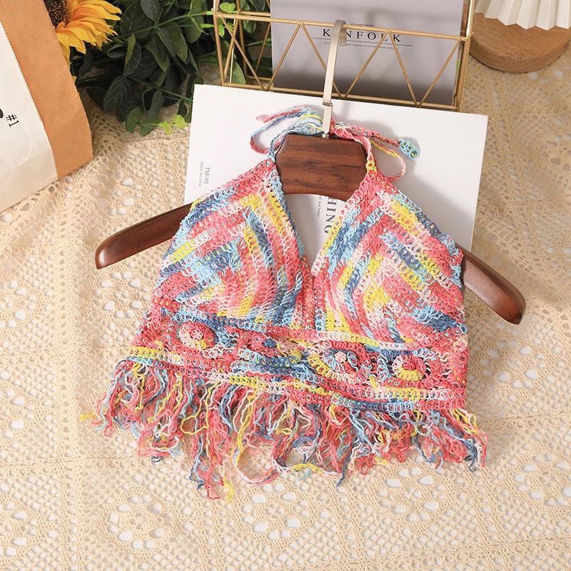 Womens Solid-Color Hollowed-Out Halter Vest With Built-in Padded Cups