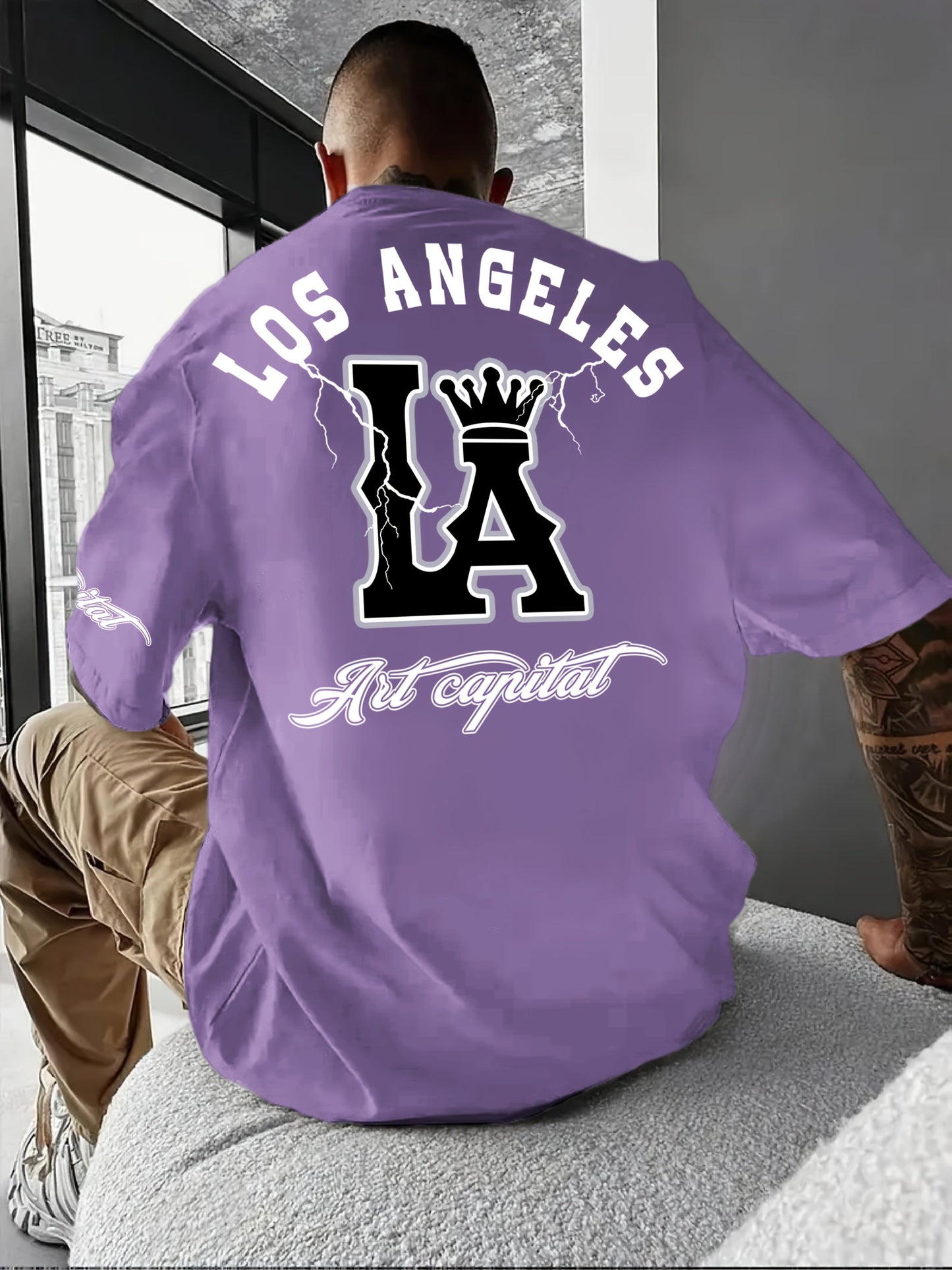 Men's casual T-shirt with Los Angeles letters and large LA pattern print, comfortable and breathable with slight elasticity, perfect choice for home and outdoor sports, comfortable top for spring and summer, machine washable, stylish round neck short sle Dropshipman