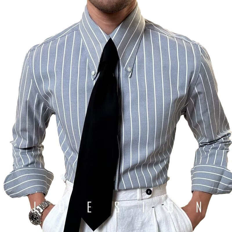 Mens Retro Casual White Striped Long-Sleeve Shirt