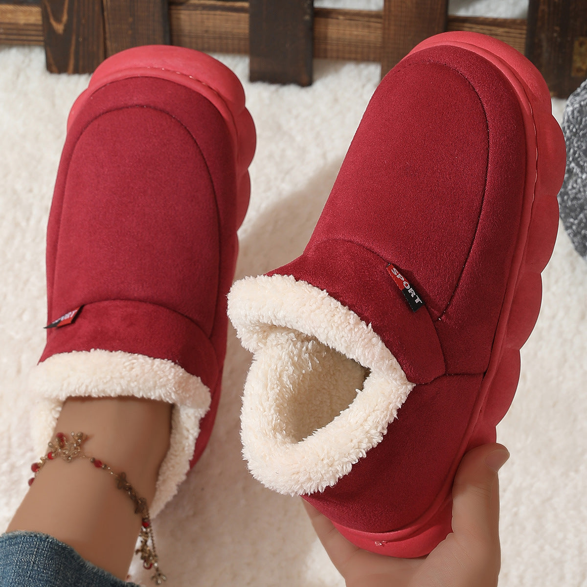 Winter Plush Cotton Shoes Women Men Warm Suede House Shoes For Parents Solid Color Thick-soled Garden Shoes Outdoor null