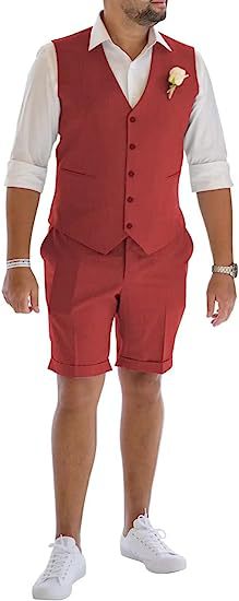 Men's Linen Suit 2 Piece Set Beach Wedding Shorts And Vest Suit
