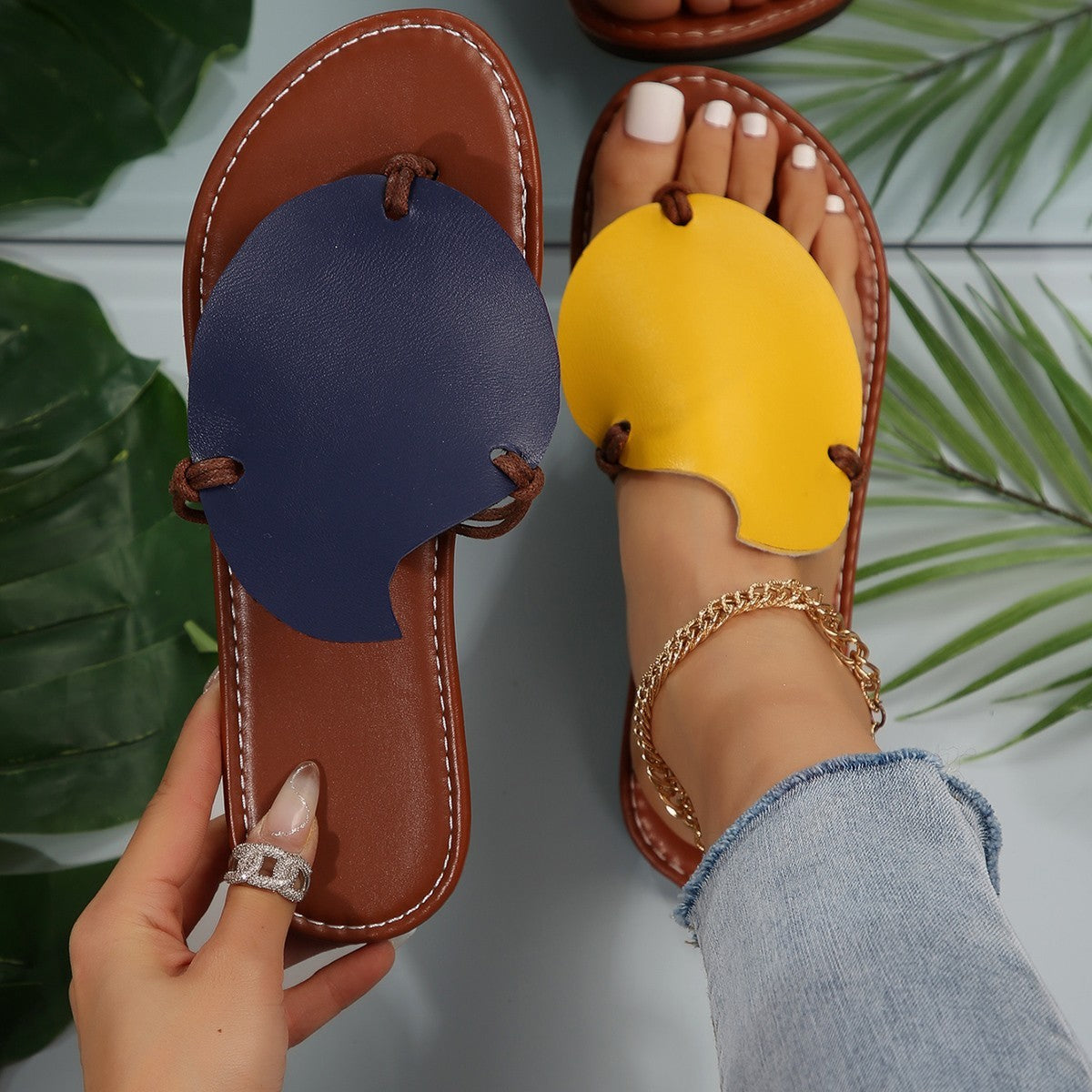 Casual Color-matching Clip-toe Sandals Summer Outdoor Personalized Flat Slippers For Women Flip Flops Shoes null