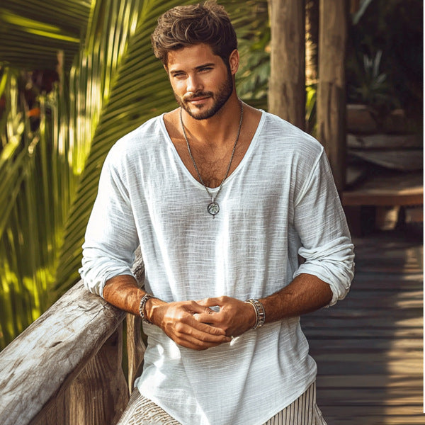 V-neck Breathable Thin Long-sleeved T-shirt Solid Color Top