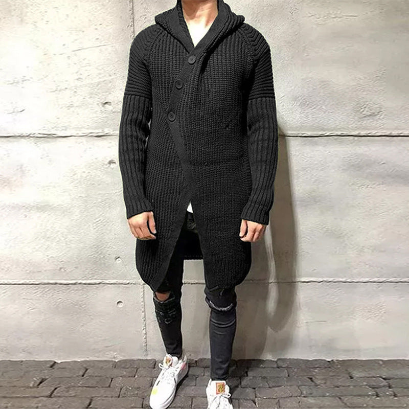 Long Knitted Hooded Sweater Coat Men Solid Color Button Casual Clothes null