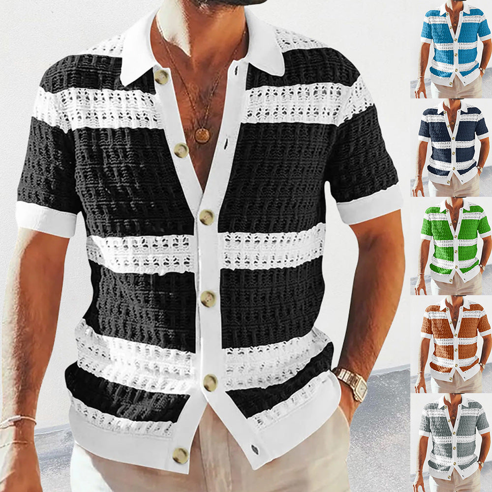 Summer Luxury Fashion New Knitted Shirt Men's Polo Neck Short Sleeve Colored Hollow Breathable Cardigan Men's Top Coat null