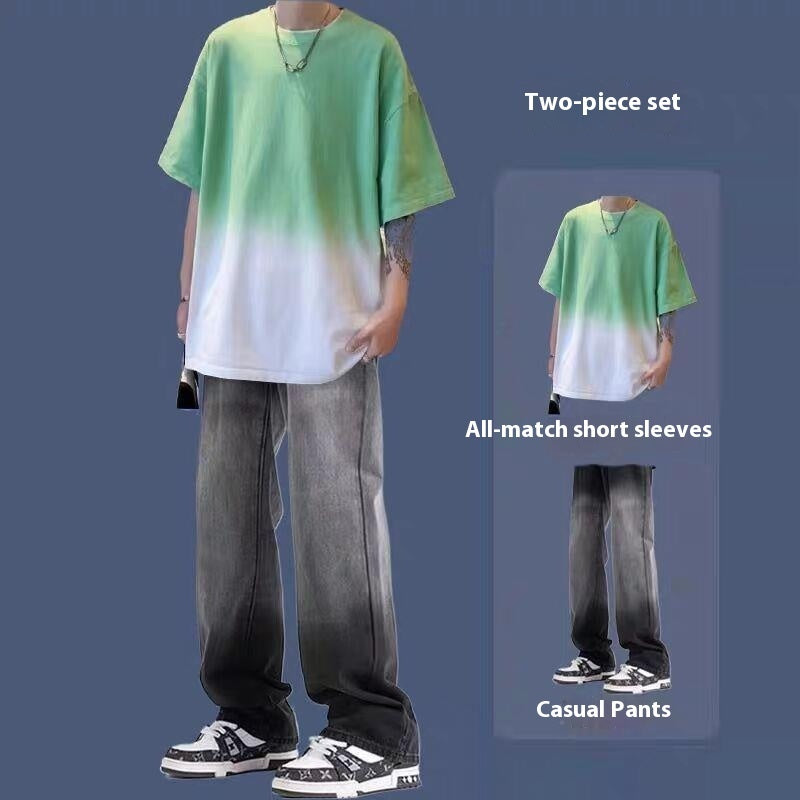 Gradient Short-sleeved Men's Summer Suit Jeans Ruoshuai Two-piece Set