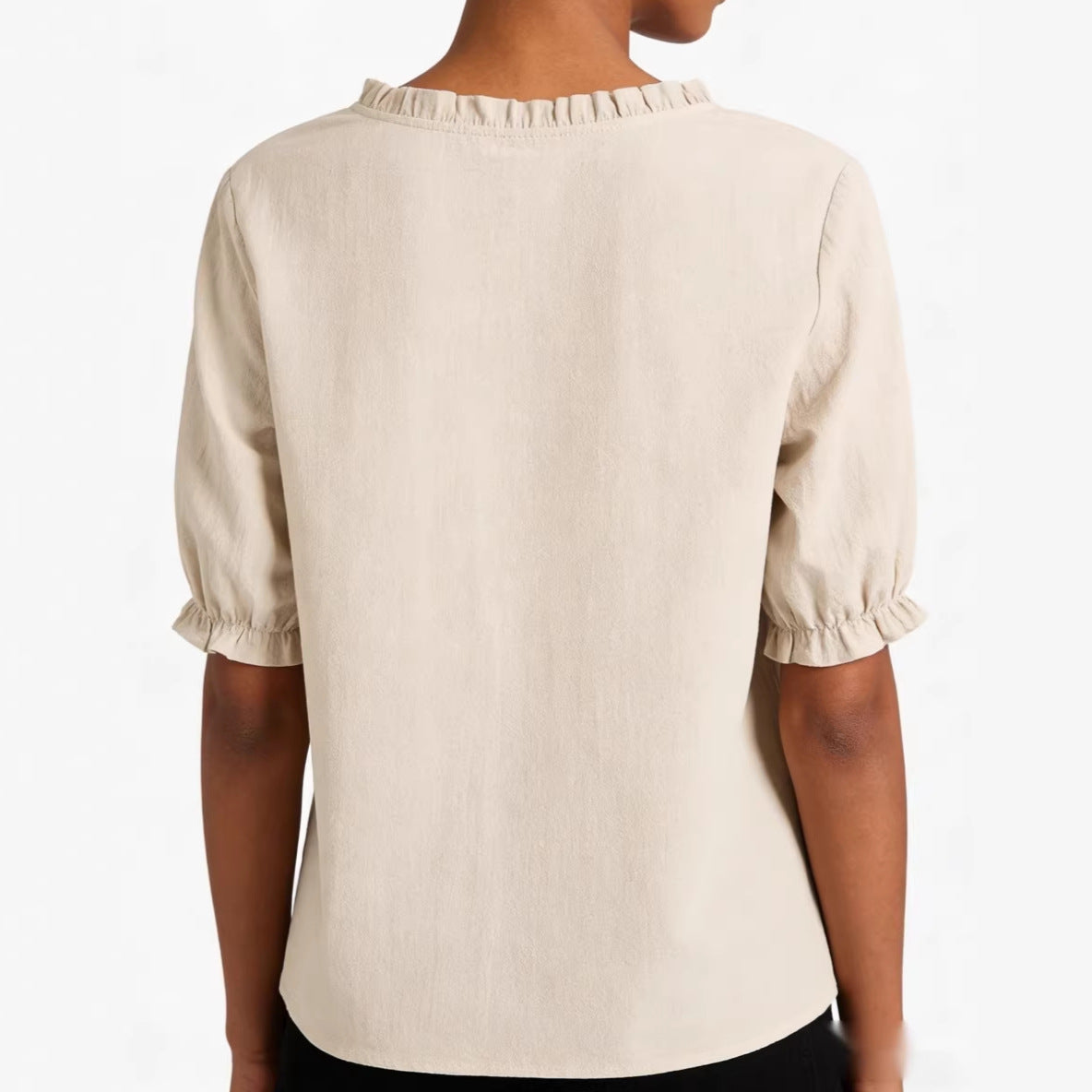 Round-neck Linen Solid-color Ruffled Mid-sleeve Top