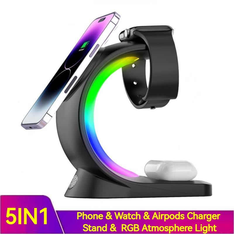 4 In 1 Magnetic Wireless Charger Fast Charging For Smart Phone Atmosphere Light Charging Station For Airpods Pro I-phone Watch null