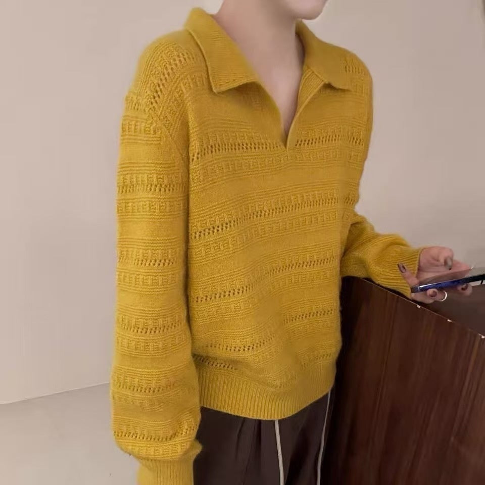 Womens Polo-Neck Sweater Fashionable Casual Artistic Solid-Color