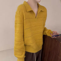 Womens Polo-Neck Sweater Fashionable Casual Artistic Solid-Color