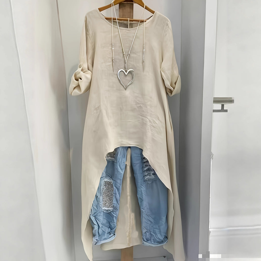 Womens Irregular Long Linen Top With A Crew Neck