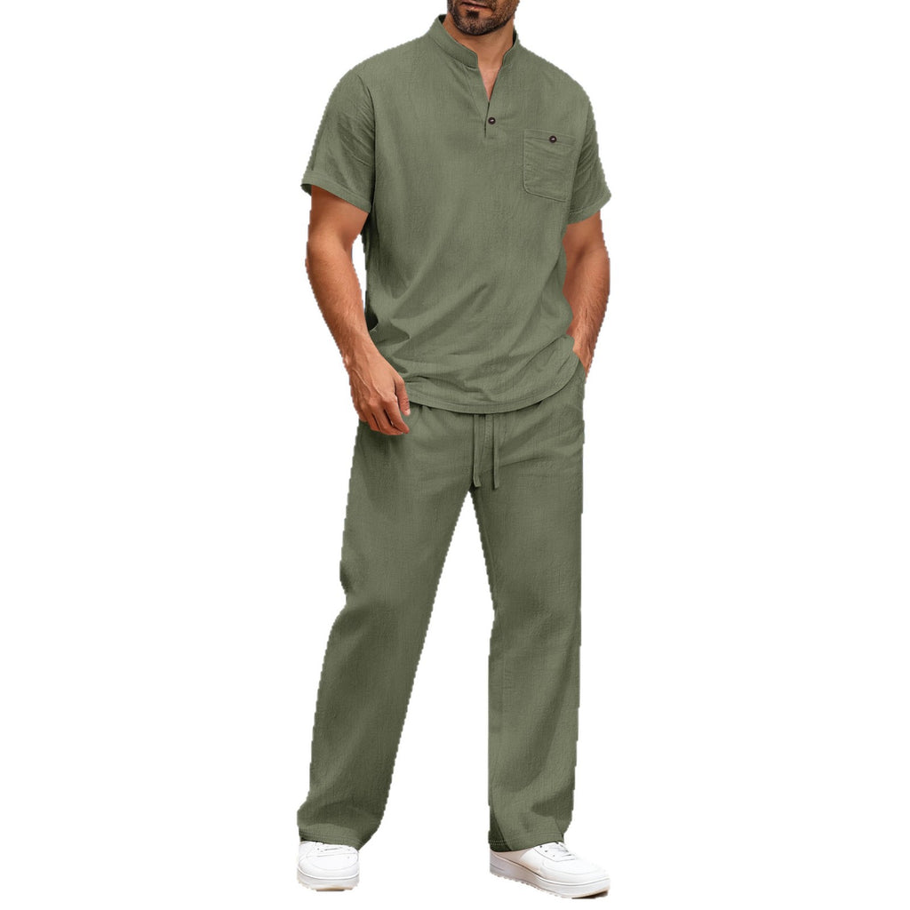 Cotton And Linen Summer Men's Solid Color Casual T-shirt Short Sleeve Shirt