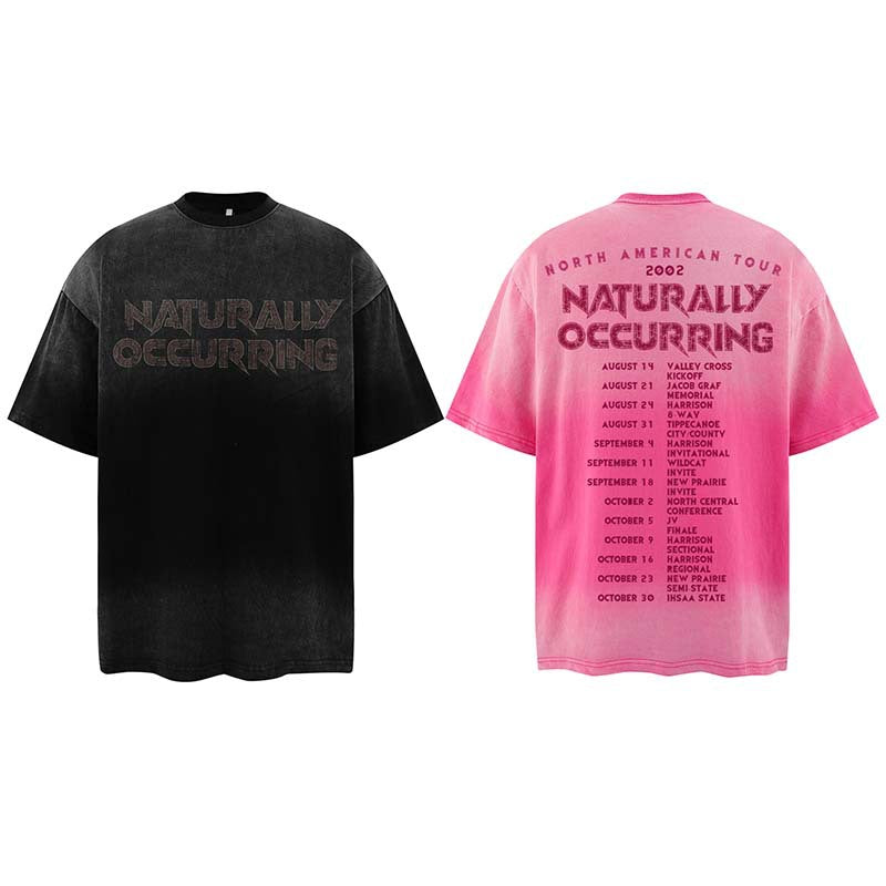 American-style Retro Washed Distressed Letters Printed Gradient Short-sleeved T-shirt For Men