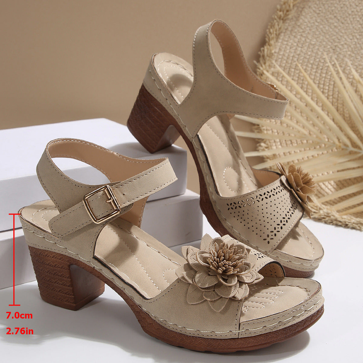 Women's Flowers Chunky Heel Sandals Summer Plus Size Platform Shoes null