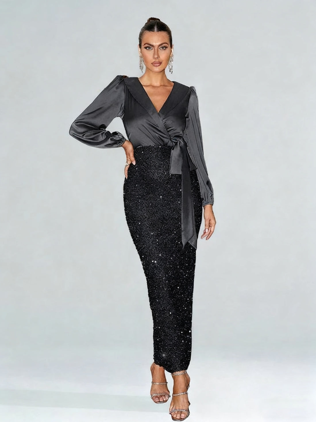 Robe de soirée longue élégante à sequins, encolure cache-cœur, fente latérale, manches longues, dos nu, pour bal de promo, invitée de mariage, gala de remise de diplôme