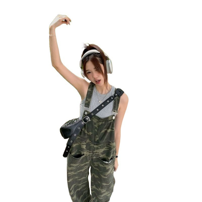 American Camouflage Shoulder Strap Jeans Women null