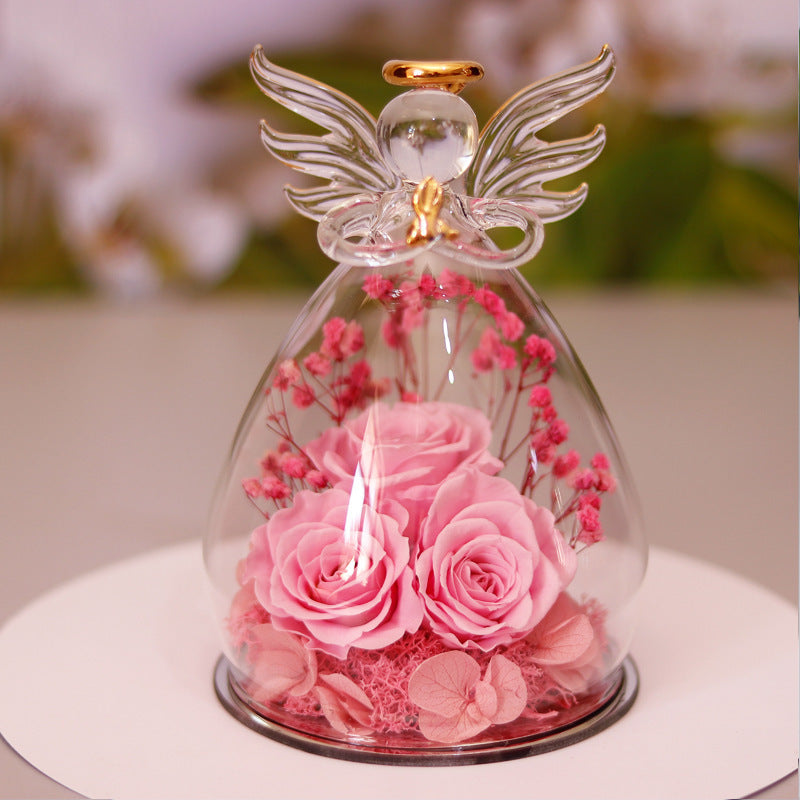 Eternal Flower Gift Box Angel Glass Cover Dried Rose Gift Box For Christmas New Year Valentine's Day Home Decor null