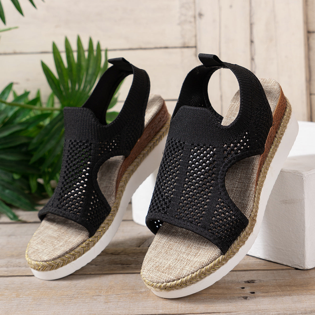 New Hollow Wedges Sandals Summer Fly Woven Breathable Mesh Shoes For Women Peep-Toe Sandals null