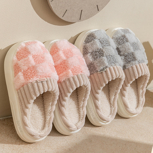 Plaid Plush Slippers Women's Indoor Plush Home Slippers Soft Sole Thick Non-Slip Warm House Shoes Couple Autumn And Winter null