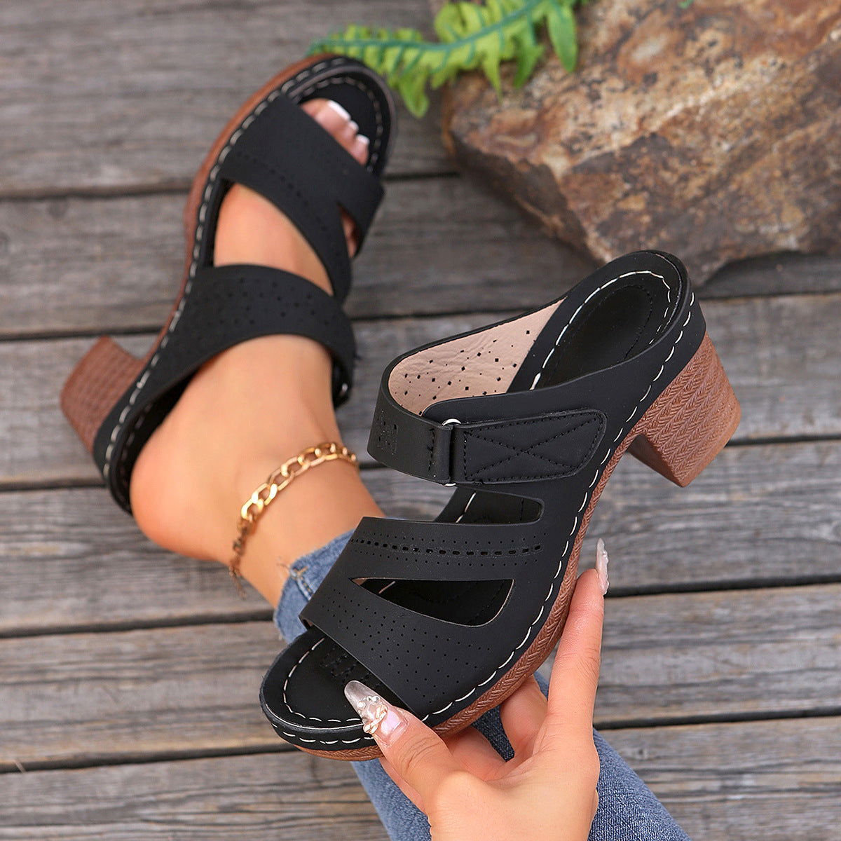 Square-heeled Peep-toe Slides Shoes Summer Casual Chunky Heel Sandals Solid Color Slippers null