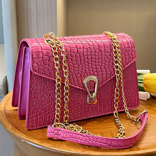 Women'S Fashion Rose Red Snake Print Crossbody Bag, Luxury Satchel with Stain Resistant Buckle Closure, Polyester Lined Chain Strap Handbag Dropshipman