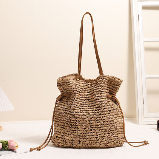 Large Capacity Straw Bag Drawstring Hand-carrying Knitting Shoulder Bag null