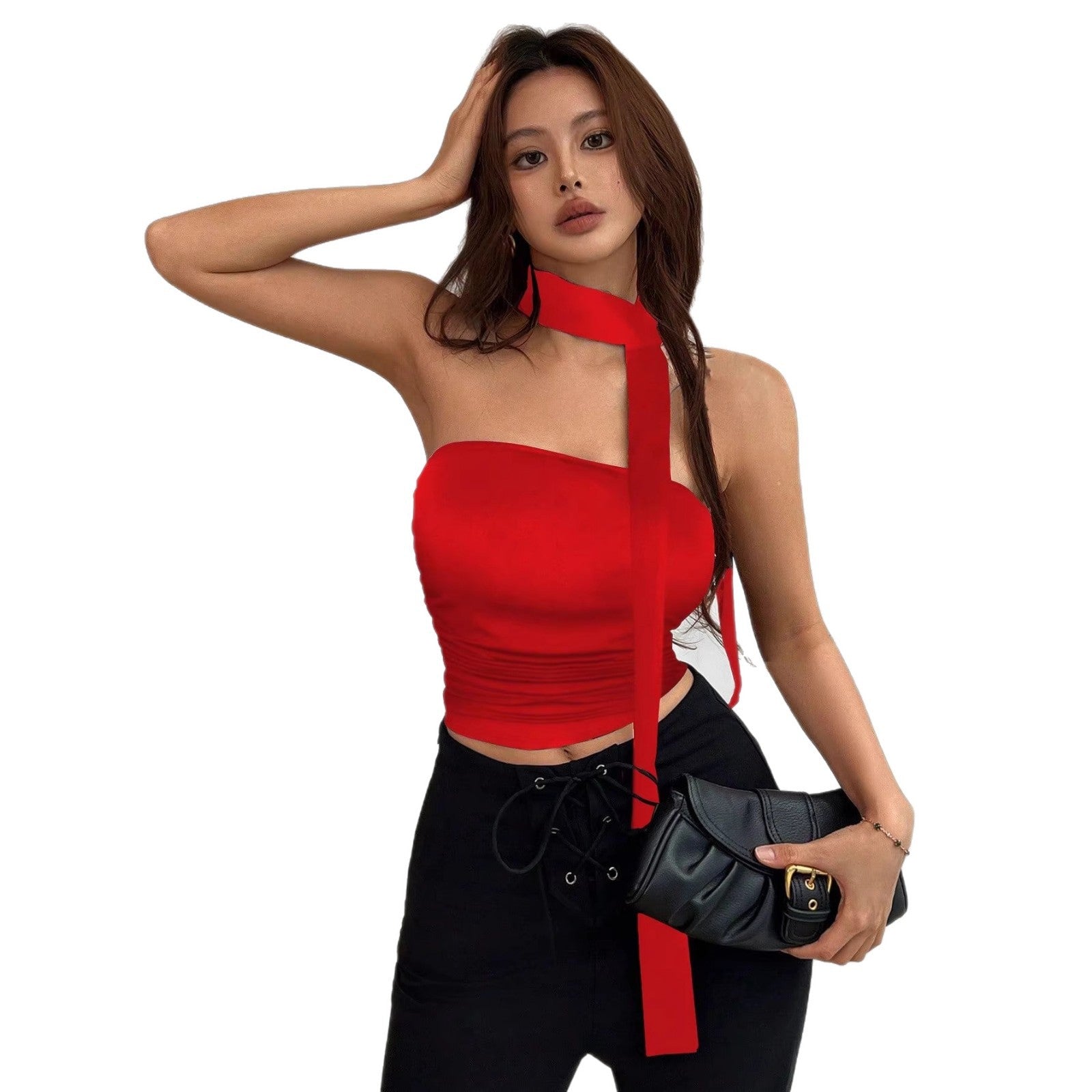 Womens Solid-Color Casual All-Match Tube Top With Straps