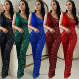 Women's Solid Color Sleeveless One-shoulder Sequined Trousers Jumpsuit