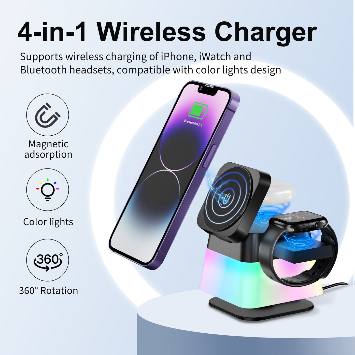 4 In 1 Rotatable Colorful Lighting Wireless Charger Stand For Phone 15 14 13 12 Pro Max 8 7 Holder Magnetic Fast Charging Station null