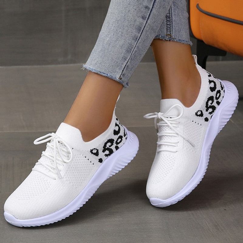 White Shoes Women Leopard Print Lace-up Sneakers Sports null