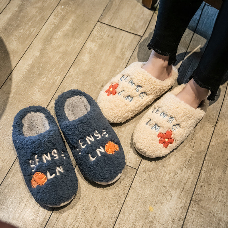 Ins Cute Flower Fleece Slippers Winter Warm Bedroom Floor Slippers Indoor Non-slip Plush Shoes For Women null