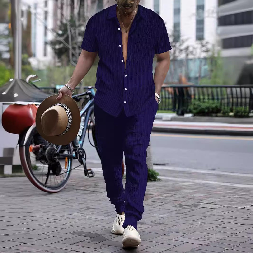 Men's Shirt Casual Loose Short Sleeves Trousers Beach Suit