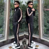 Affordable Luxury Patchwork Striped Casual Sports Suit High-End Stand-Up Collar Jacket And Pants Two-Piece Set black striped tracksuit