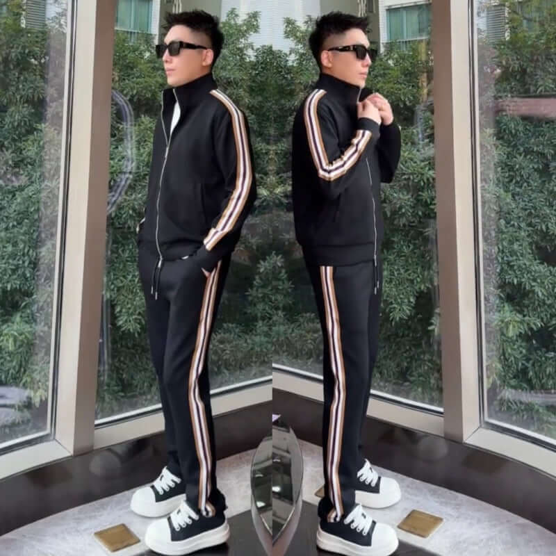 Affordable Luxury Patchwork Striped Casual Sports Suit High-End Stand-Up Collar Jacket And Pants Two-Piece Set black tracksuit on model