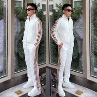 Affordable Luxury Patchwork Striped Casual Sports Suit High-End Stand-Up Collar Jacket And Pants Two-Piece Set white striped jacket and pants