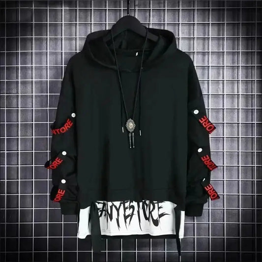 Autumn Men’s Hoodie Sweatshirt Casual Black Hoodies Tops Techwear Harajuku Patchwork Japanese Y2k Hip Hop Personalized