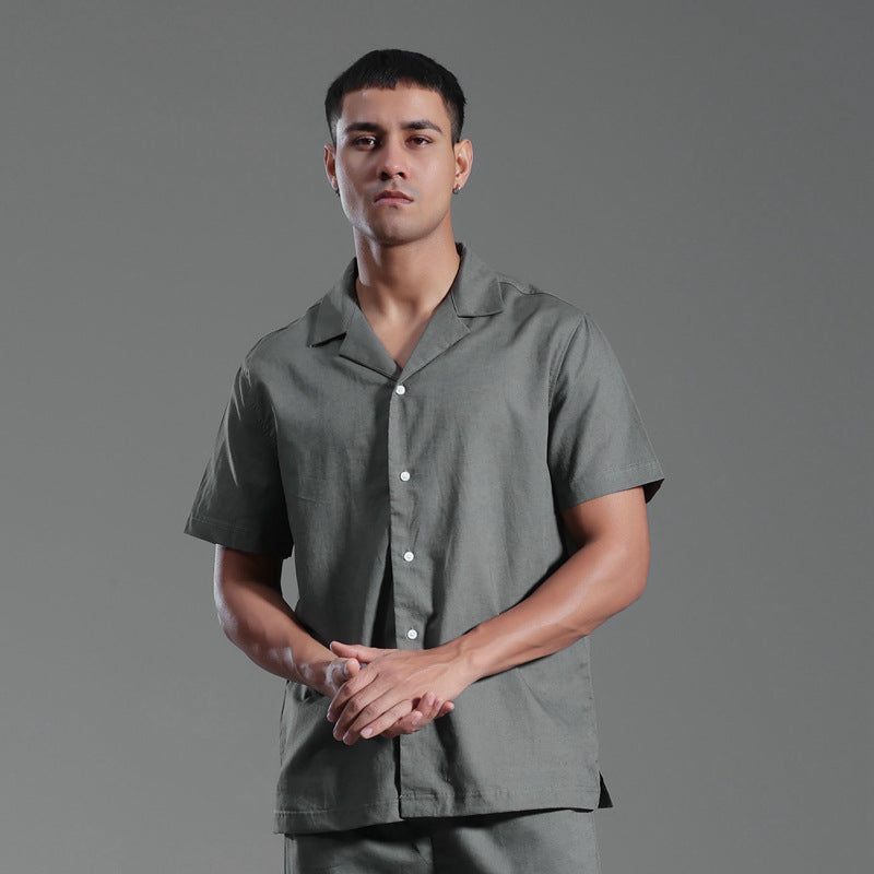 Cuban Collar Linen Cotton Blended Short-sleeved Shirt