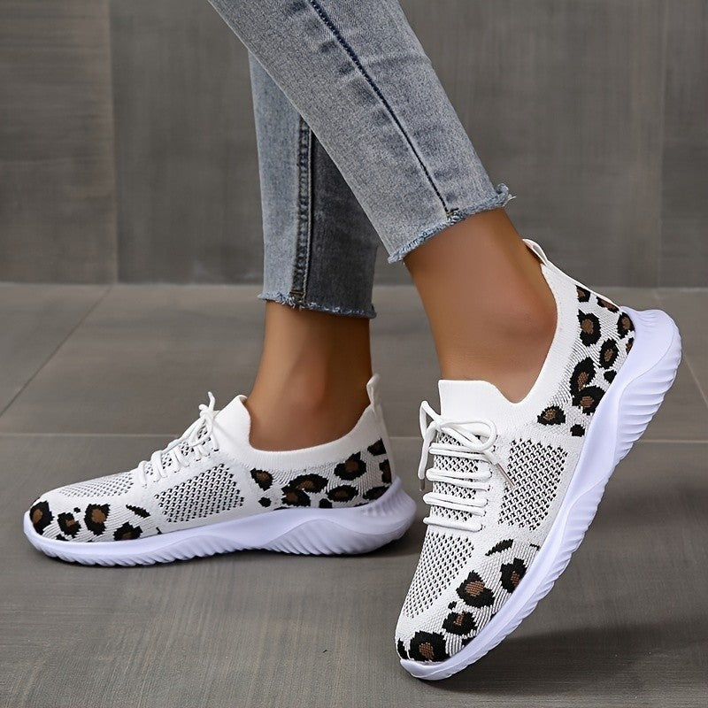 White Shoes Women Leopard Print Lace-up Sneakers Sports null